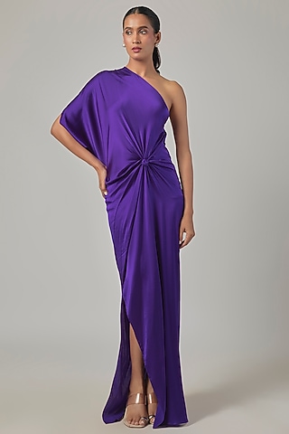 Purple Silk Satin One-Shoulder Knotted Dress by Stephany