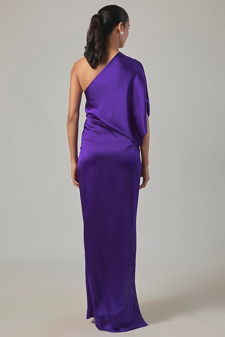 Purple Silk Satin One-Shoulder Knotted Vacation Dress by Stephany at Pernia's Pop Up Shop