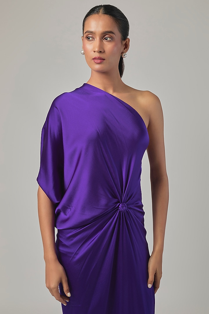 Purple Silk Satin One-Shoulder Knotted Vacation Dress by Stephany at Pernia's Pop Up Shop