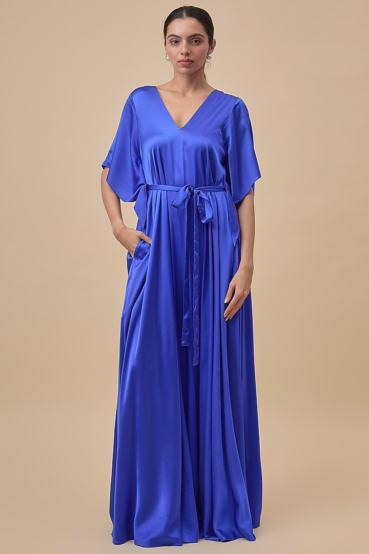 Blue Silk Lycra Satin Jumpsuit by Stephany at Pernia's Pop Up Shop