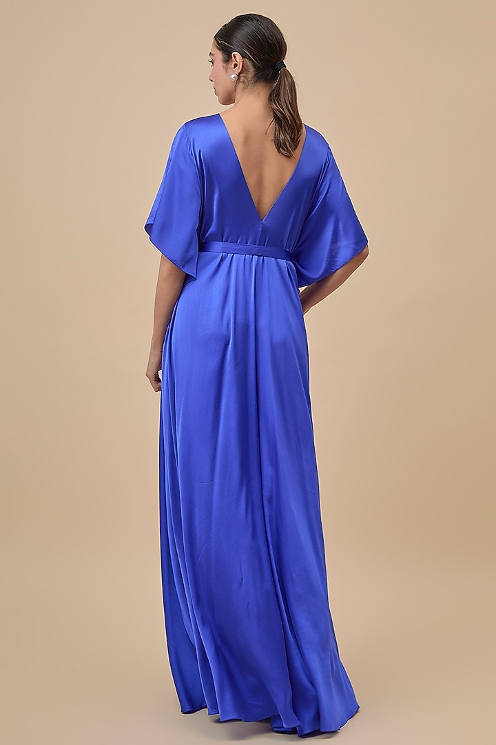 Blue Silk Lycra Satin Jumpsuit by Stephany at Pernia's Pop Up Shop
