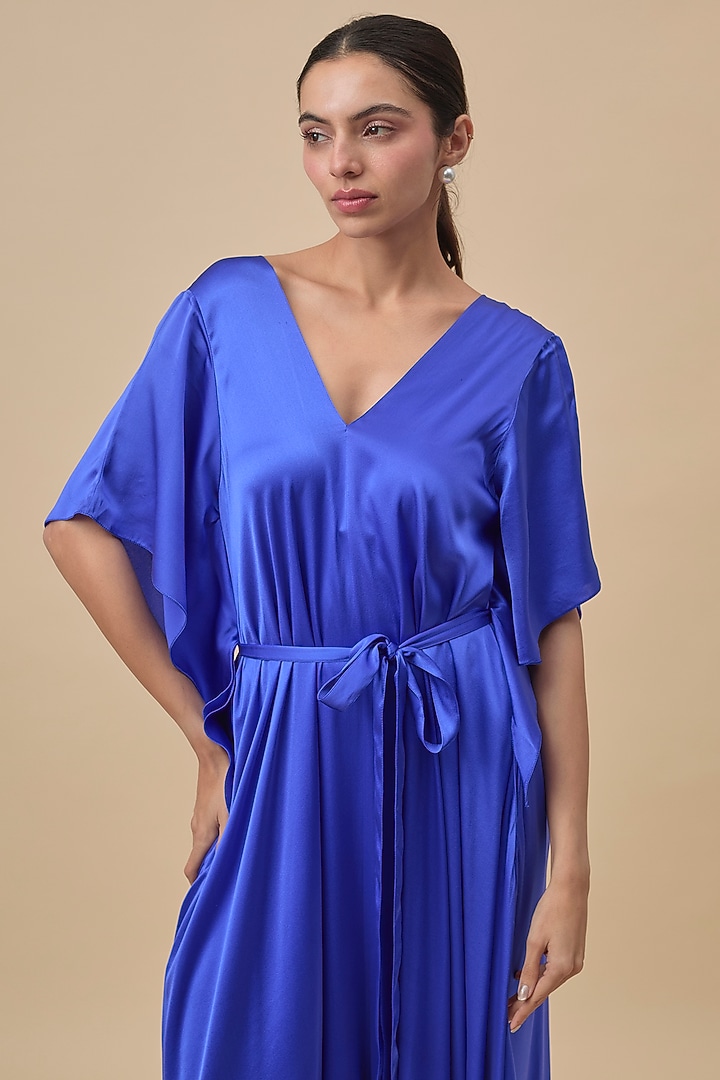 Blue Silk Lycra Satin Jumpsuit by Stephany at Pernia's Pop Up Shop