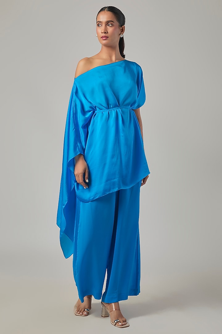 Blue Silk Satin Georgette & Silk Crepe Co-Ord Set by Stephany at Pernia's Pop Up Shop