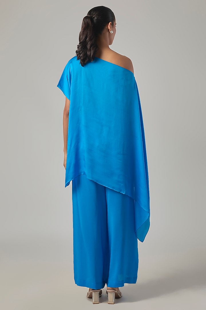 Blue Silk Satin Georgette & Silk Crepe Co-Ord Set by Stephany at Pernia's Pop Up Shop