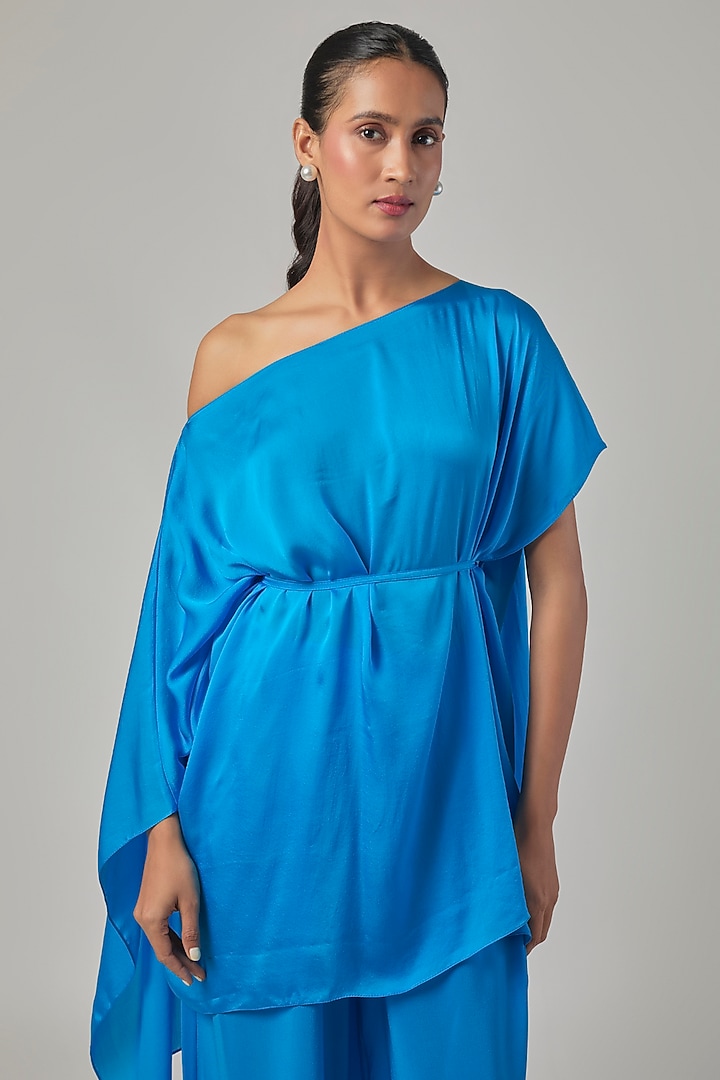 Blue Silk Satin Georgette & Silk Crepe Co-Ord Set by Stephany at Pernia's Pop Up Shop