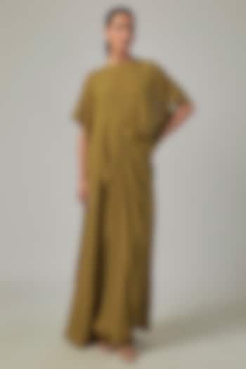 Army Green Silk Georgette Draped Cocktail Dress by Stephany at Pernia's Pop Up Shop
