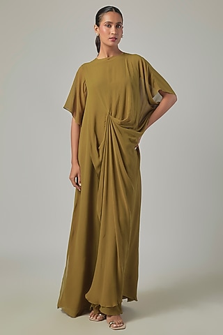 Army Green Silk Georgette Draped Dress by Stephany