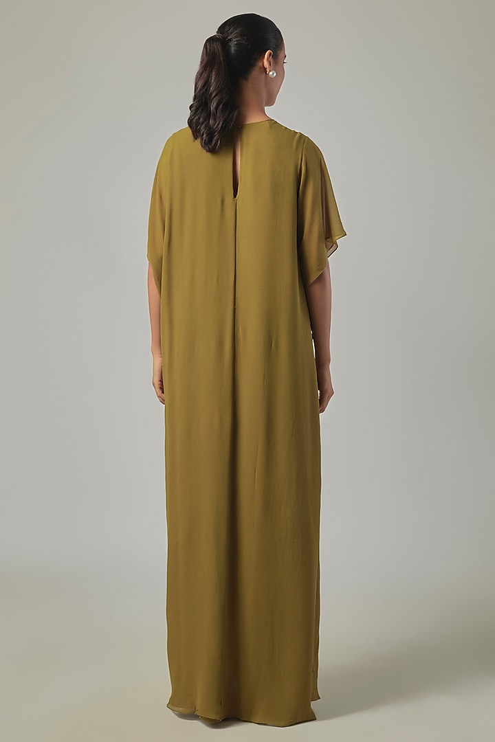 Army Green Silk Georgette Draped Cocktail Dress by Stephany at Pernia's Pop Up Shop