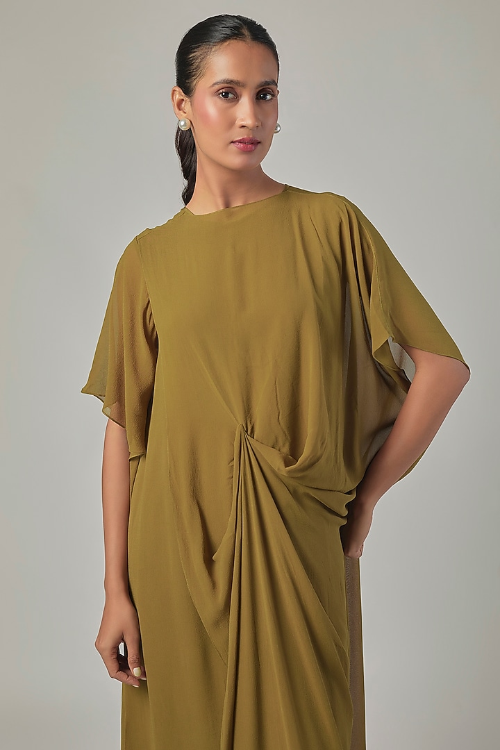 Army Green Silk Georgette Draped Cocktail Dress by Stephany at Pernia's Pop Up Shop