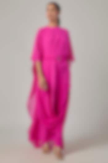 Neon Pink Silk Georgette Draped Cocktail Dress by Stephany at Pernia's Pop Up Shop