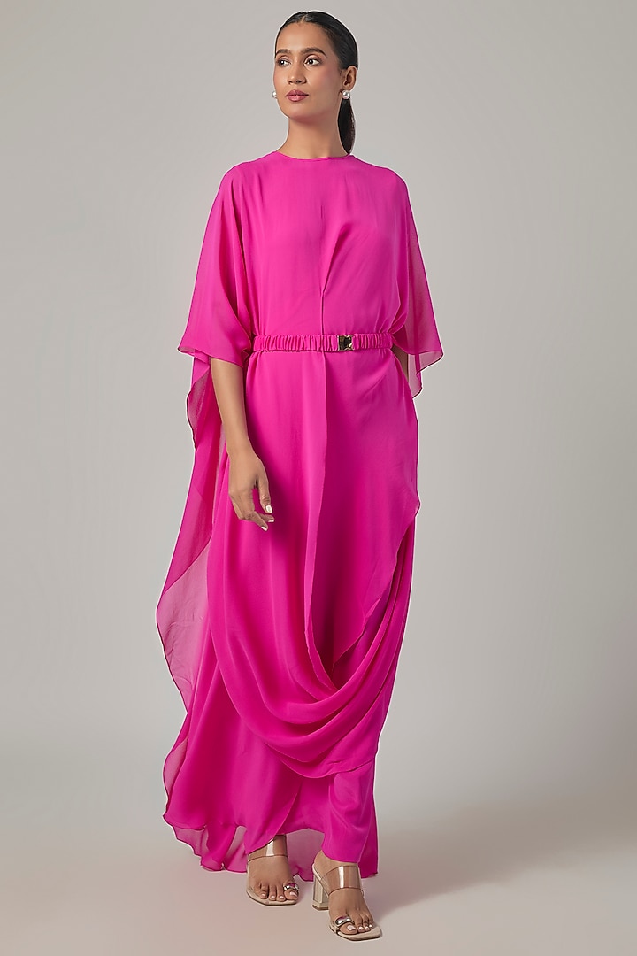 Neon Pink Silk Georgette Draped Cocktail Dress by Stephany at Pernia's Pop Up Shop