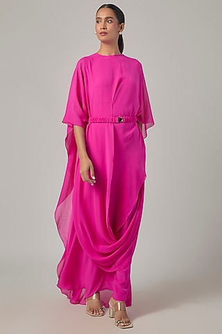 Neon Pink Silk Georgette Draped Dress by Stephany