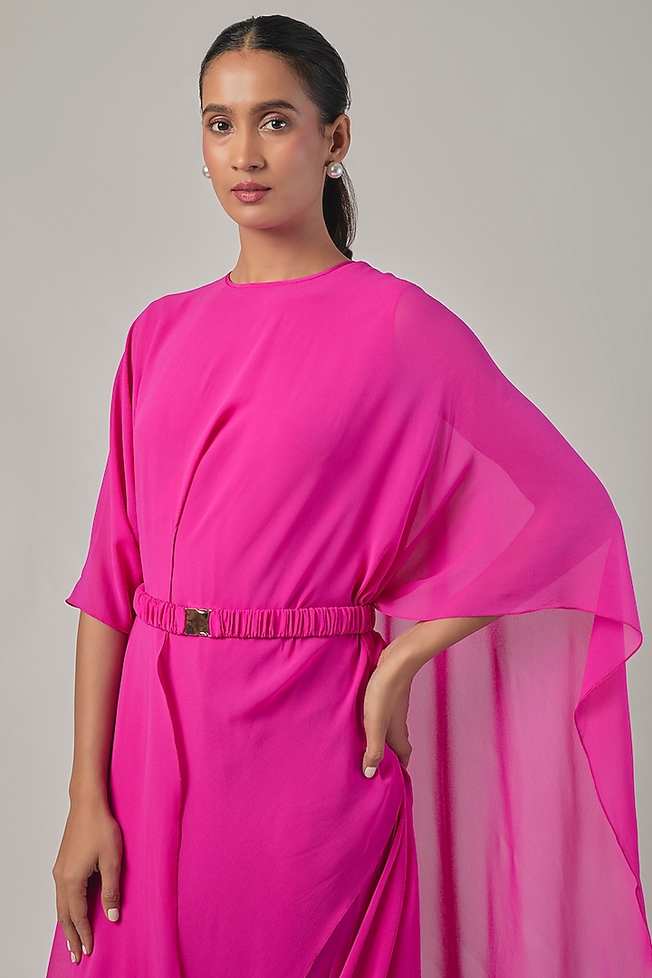 Neon Pink Silk Georgette Draped Cocktail Dress by Stephany at Pernia's Pop Up Shop