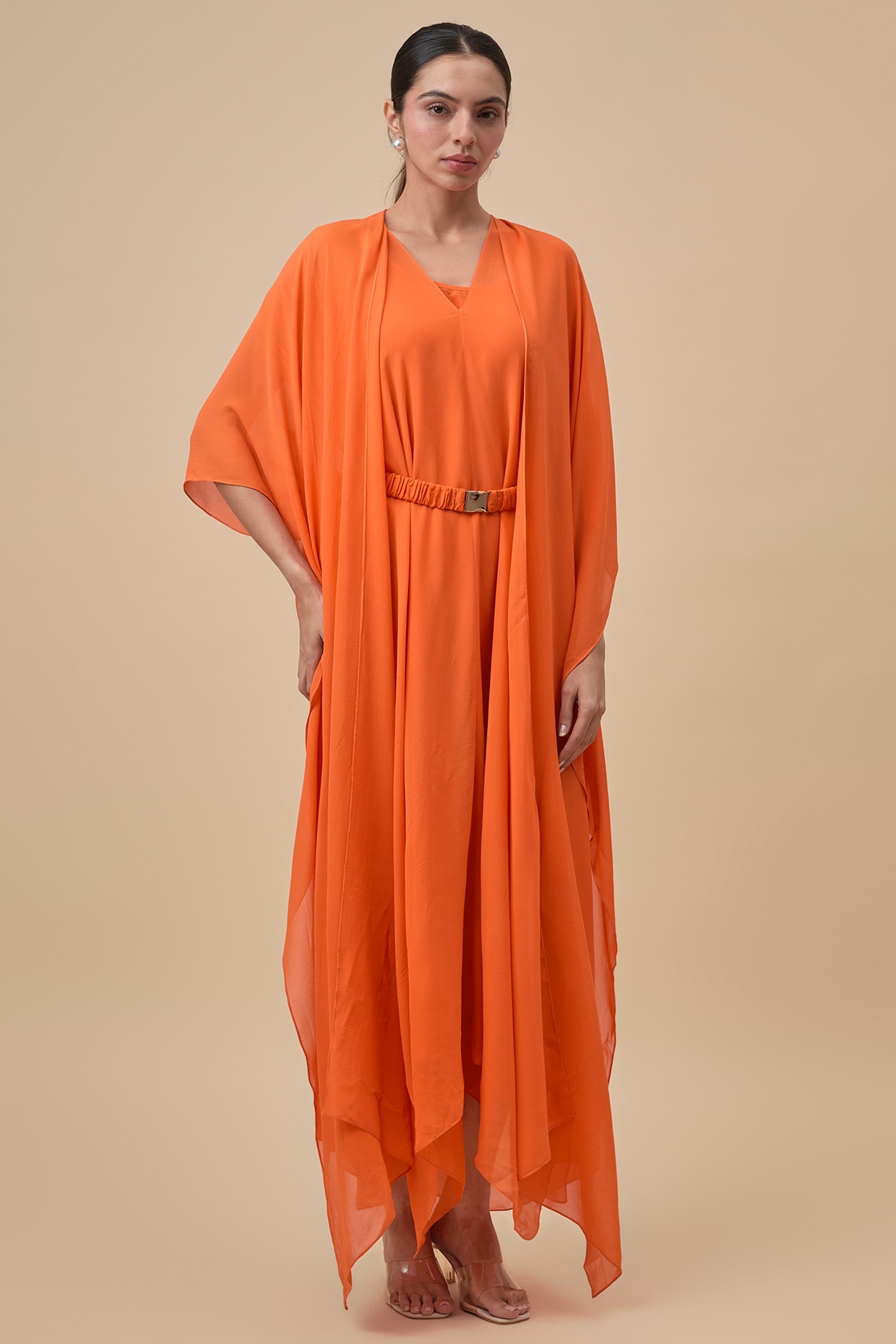 Stephany Orange Silk Georgette Layered Dress