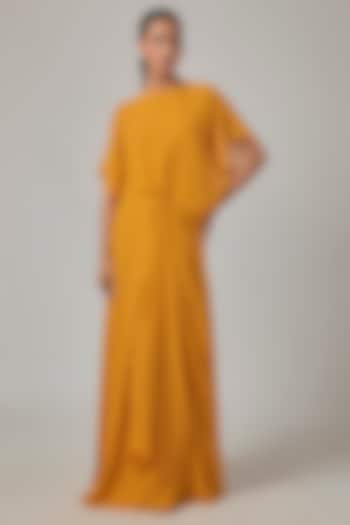 Dark Gold Silk Georgette Draped Cocktail Dress by Stephany at Pernia's Pop Up Shop