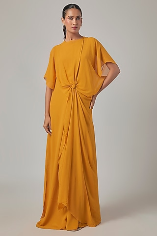 Dark Gold Silk Georgette Draped Dress by Stephany