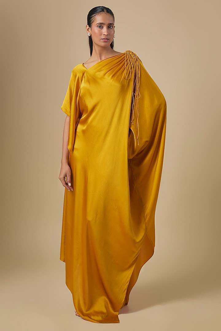 Dark Gold Silk Satin One-Shoulder Vacation Dress by Stephany at Pernia's Pop Up Shop