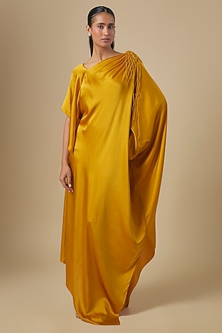 Dark Gold Silk Satin One-Shoulder Dress by Stephany