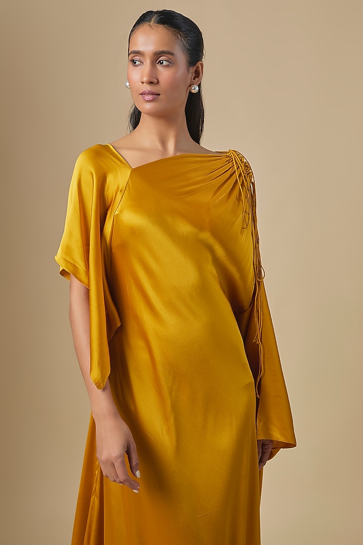 Dark Gold Silk Satin One-Shoulder Vacation Dress by Stephany at Pernia's Pop Up Shop