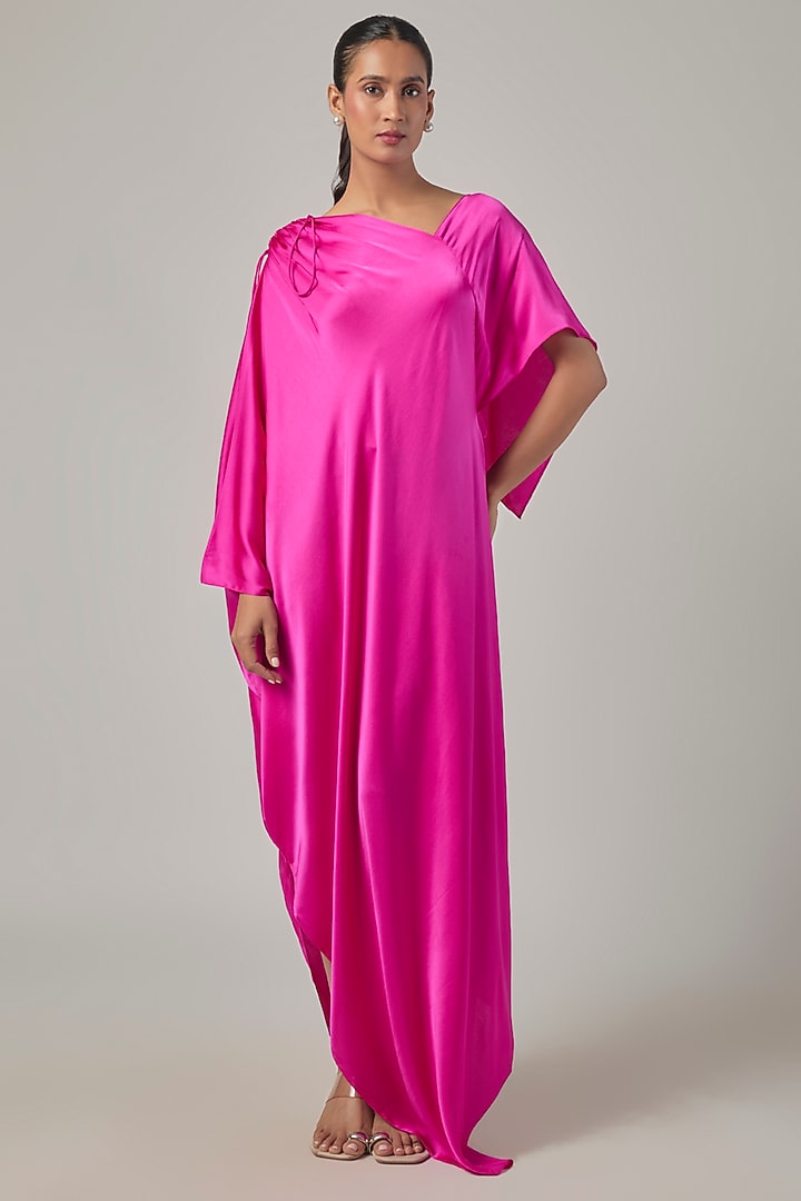 Neon Pink Silk Satin One-Shoulder Vacation Dress by Stephany at Pernia's Pop Up Shop