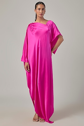 Neon Pink Silk Satin One-Shoulder Dress by Stephany