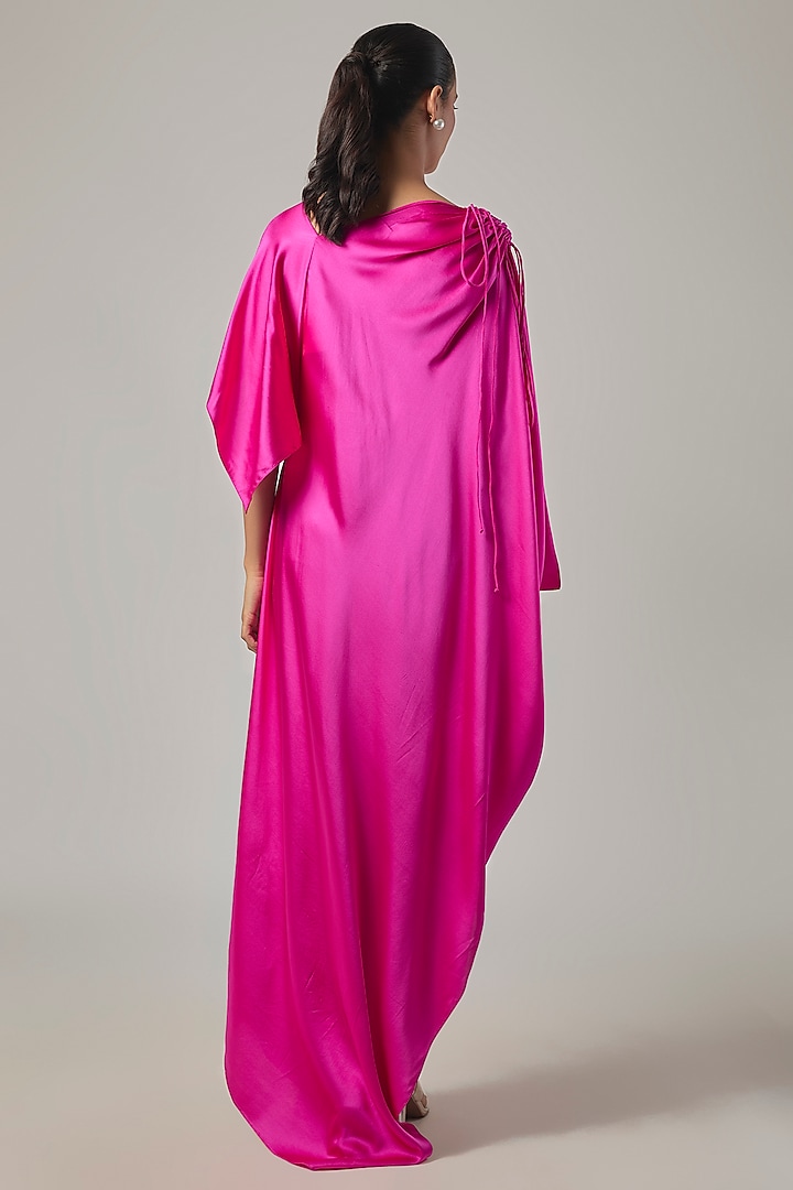 Neon Pink Silk Satin One-Shoulder Vacation Dress by Stephany at Pernia's Pop Up Shop