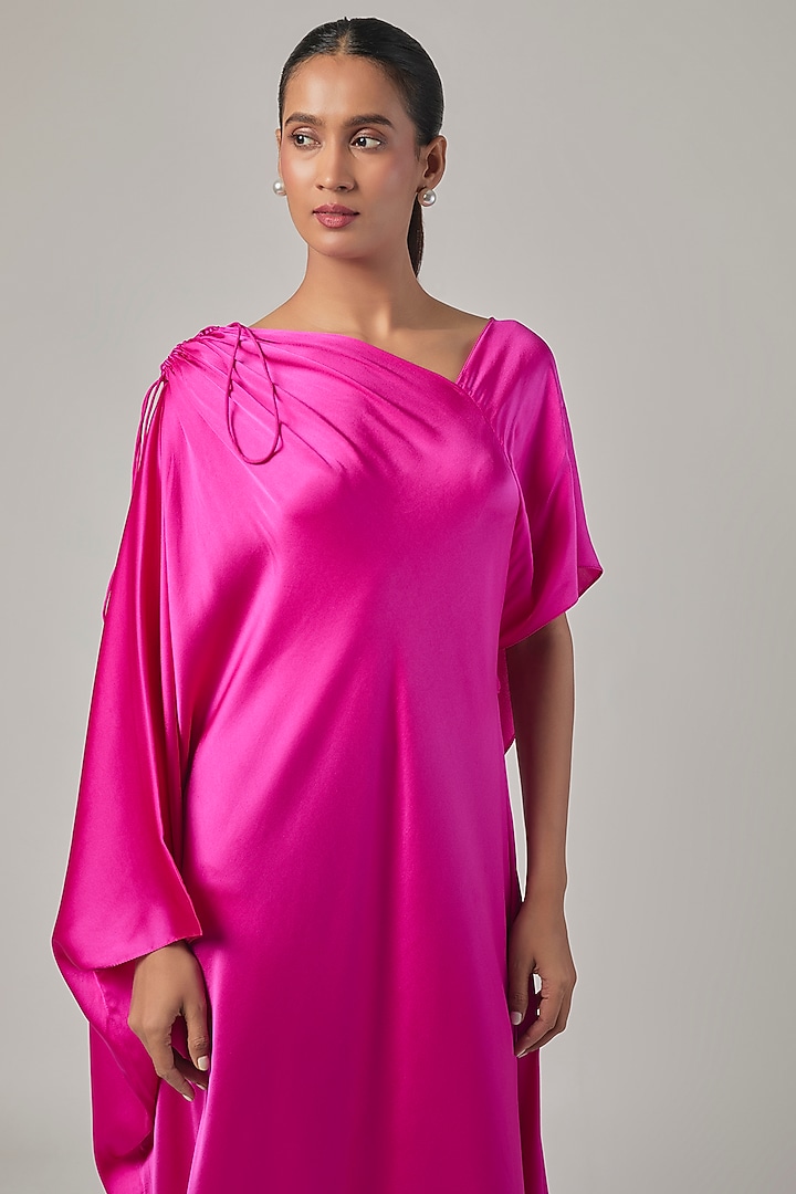 Neon Pink Silk Satin One-Shoulder Vacation Dress by Stephany at Pernia's Pop Up Shop