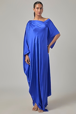 Cobalt Blue Silk Satin One-Shoulder Dress by Stephany