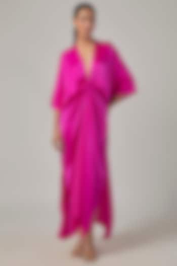 Neon Pink Silk Satin Knotted Kaftan Vacation Dress by Stephany at Pernia's Pop Up Shop