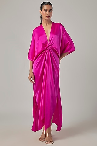 Neon Pink Silk Satin Knotted Kaftan Dress by Stephany