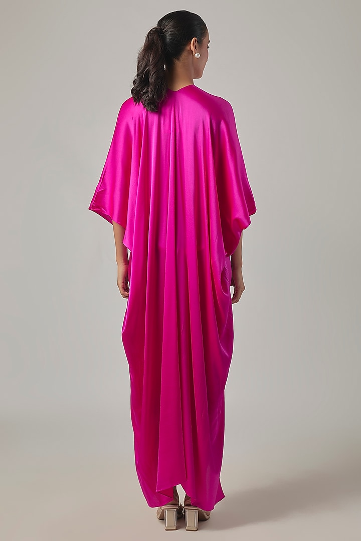 Neon Pink Silk Satin Knotted Kaftan Vacation Dress by Stephany at Pernia's Pop Up Shop