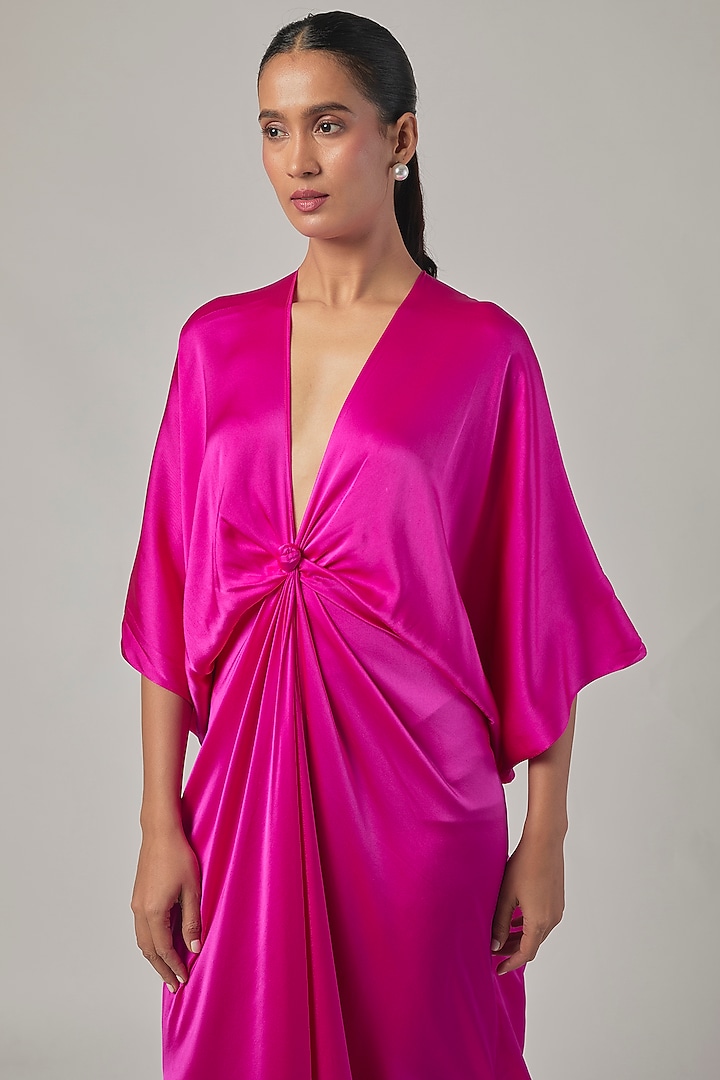 Neon Pink Silk Satin Knotted Kaftan Vacation Dress by Stephany at Pernia's Pop Up Shop