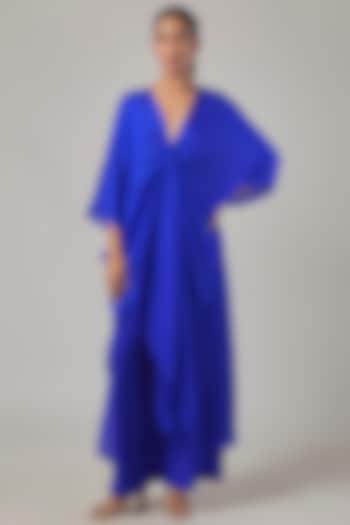 Cerulean Blue Silk Satin Georgette Knotted Kaftan Tunic Set by Stephany at Pernia's Pop Up Shop