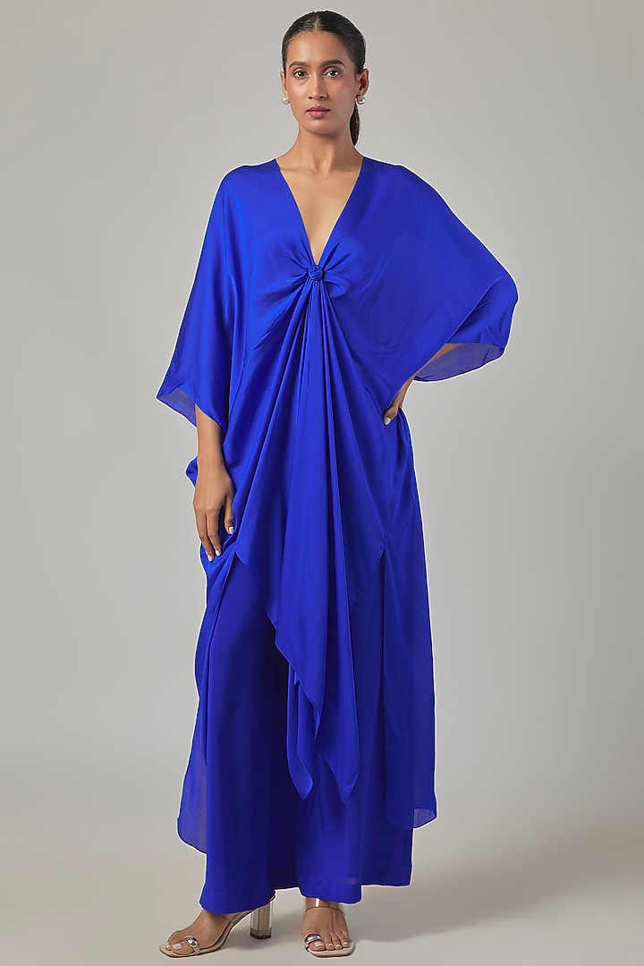 Cerulean Blue Silk Satin Georgette Knotted Kaftan Tunic Set by Stephany at Pernia's Pop Up Shop