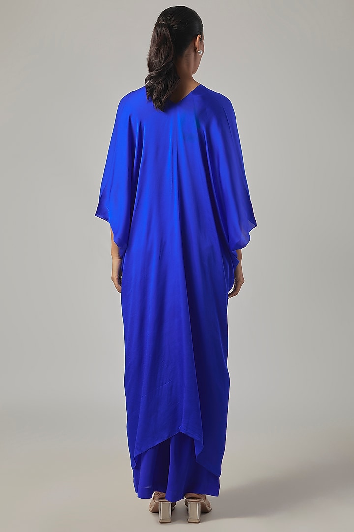 Cerulean Blue Silk Satin Georgette Knotted Kaftan Tunic Set by Stephany at Pernia's Pop Up Shop