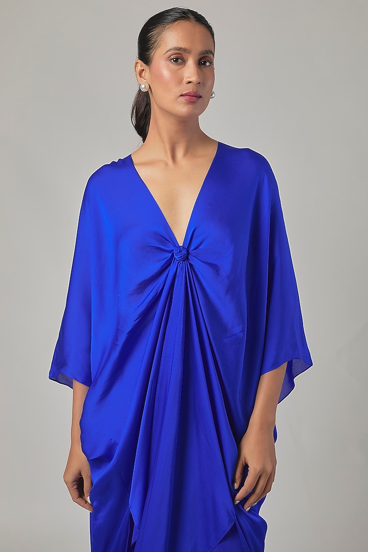 Cerulean Blue Silk Satin Georgette Knotted Kaftan Tunic Set by Stephany at Pernia's Pop Up Shop