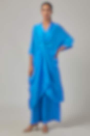 Blue Silk Satin Georgette Knotted Tunic Set by Stephany at Pernia's Pop Up Shop