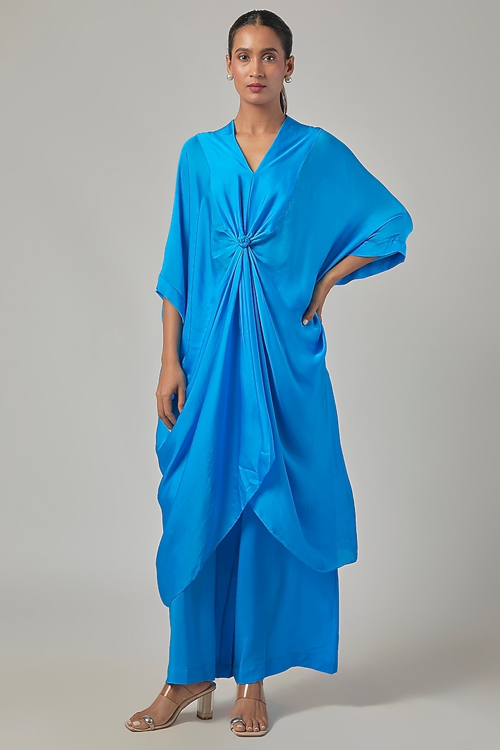 Blue Silk Satin Georgette Knotted Tunic Set by Stephany at Pernia's Pop Up Shop