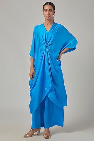 Blue Silk Satin Georgette Knotted Tunic Set by Stephany