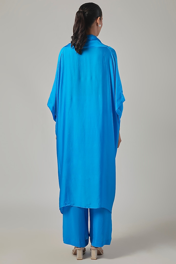Blue Silk Satin Georgette Knotted Tunic Set by Stephany at Pernia's Pop Up Shop