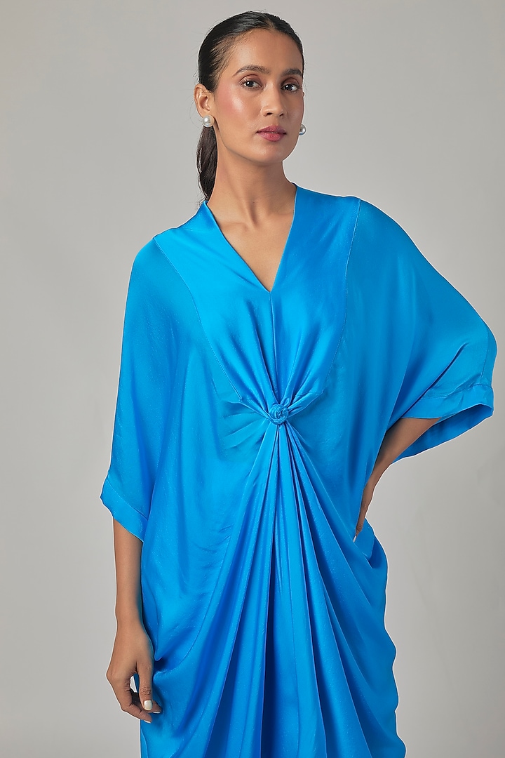 Blue Silk Satin Georgette Knotted Tunic Set by Stephany at Pernia's Pop Up Shop