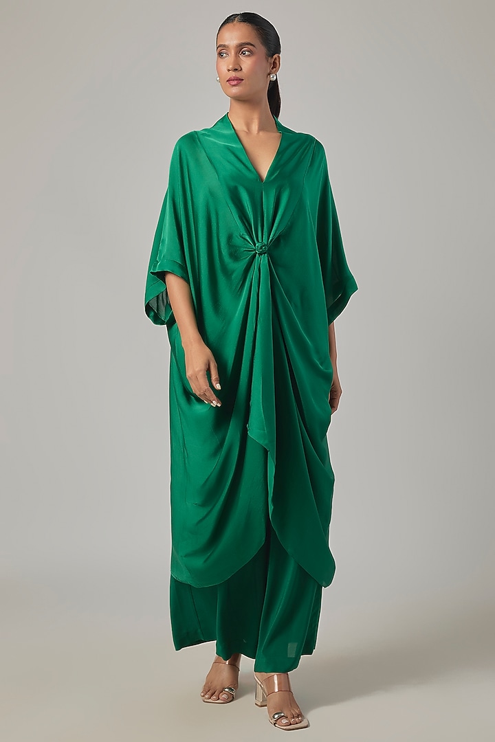 Pine Green Satin Georgette Knotted Tunic Set by Stephany at Pernia's Pop Up Shop