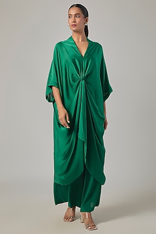 Pine Green Satin Georgette Knotted Tunic Set by Stephany