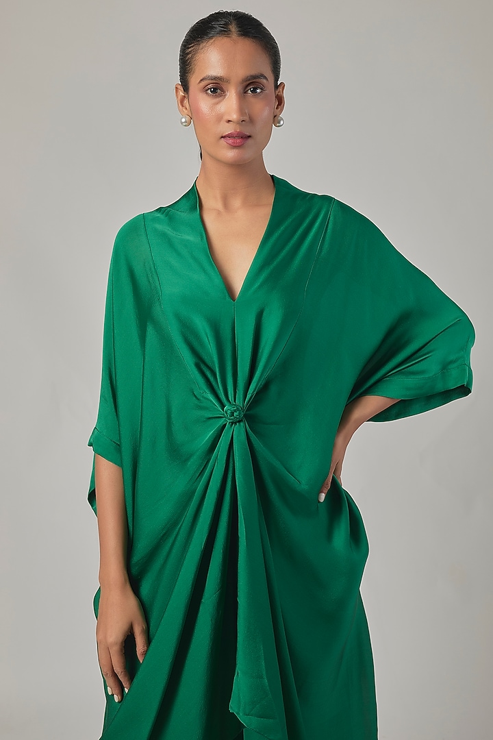 Pine Green Satin Georgette Knotted Tunic Set by Stephany at Pernia's Pop Up Shop