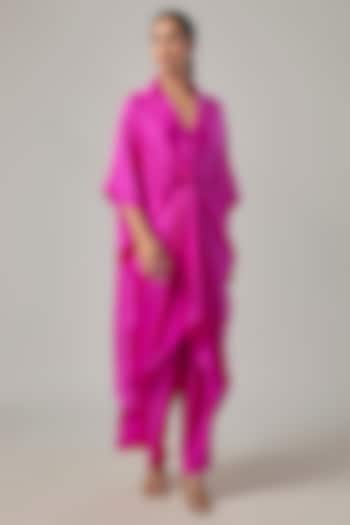 Neon Pink Satin Georgette Knotted Tunic Set by Stephany at Pernia's Pop Up Shop