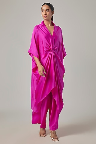 Neon Pink Satin Georgette Knotted Tunic Set by Stephany