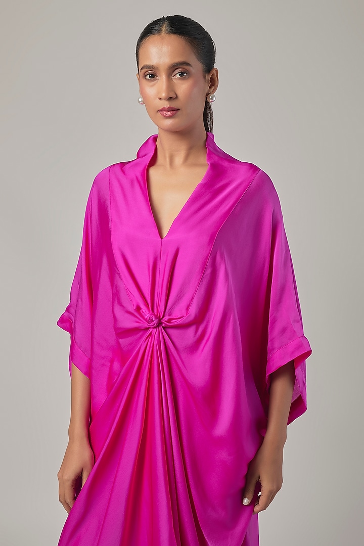 Neon Pink Satin Georgette Knotted Tunic Set by Stephany at Pernia's Pop Up Shop