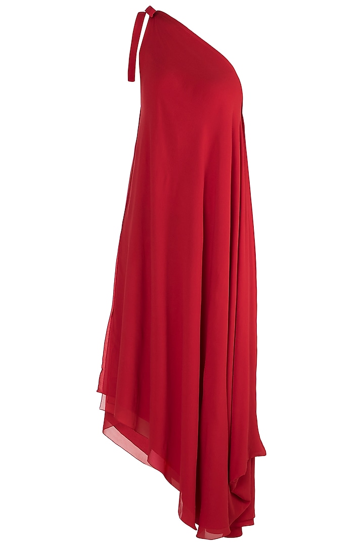 Red One Shoulder Tie-Up Dress by Stephany