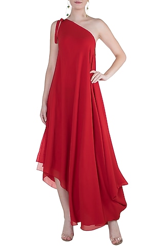 Red One Shoulder Tie-Up Dress by Stephany