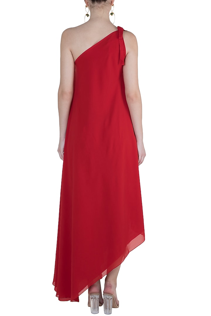 Red One Shoulder Tie-Up Cocktail Dress by Stephany at Pernia's Pop Up Shop
